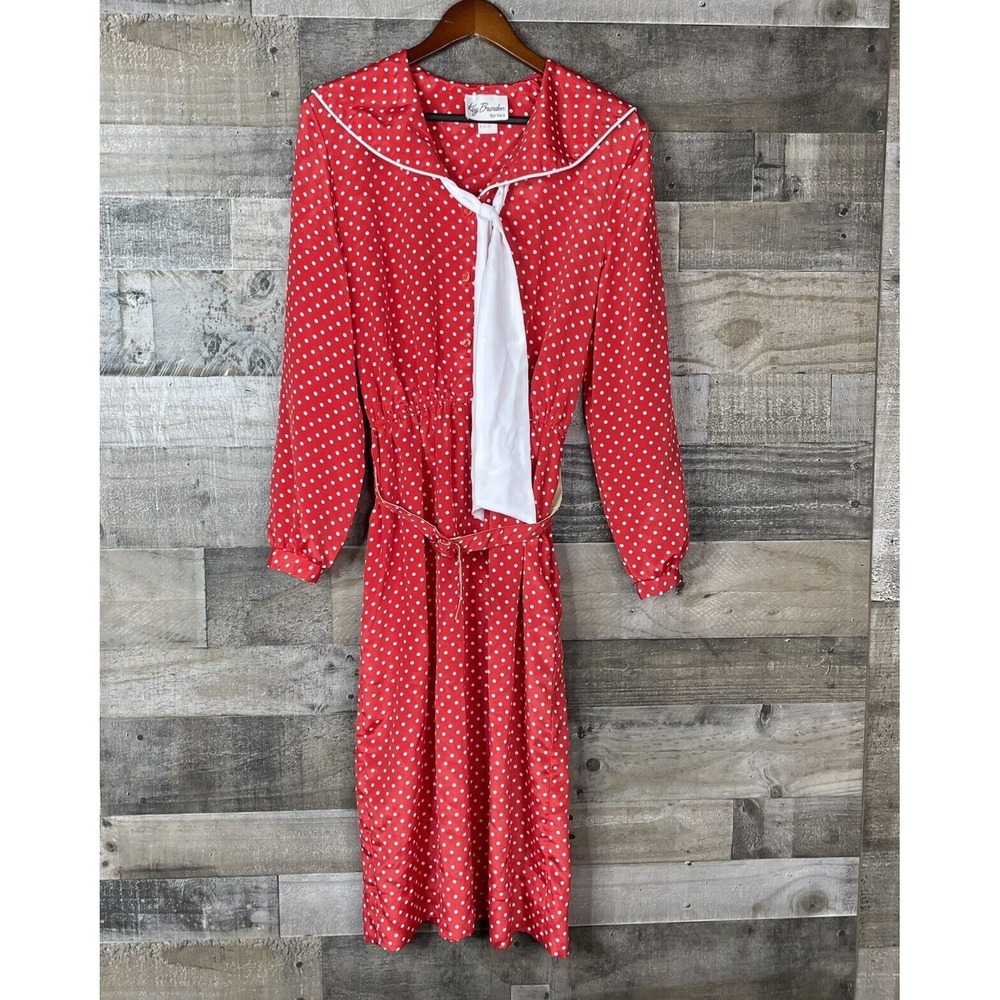VTG Kay Brandon For h&a Dress Size 11 12 Red & White Polka Dot Long Sleeve Belt